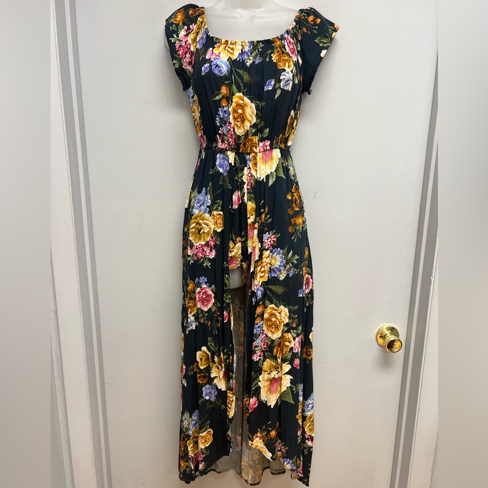 Iris Floral Maxi Romper Dress Small Boho Overlay Wide Leg Hidden Shorts